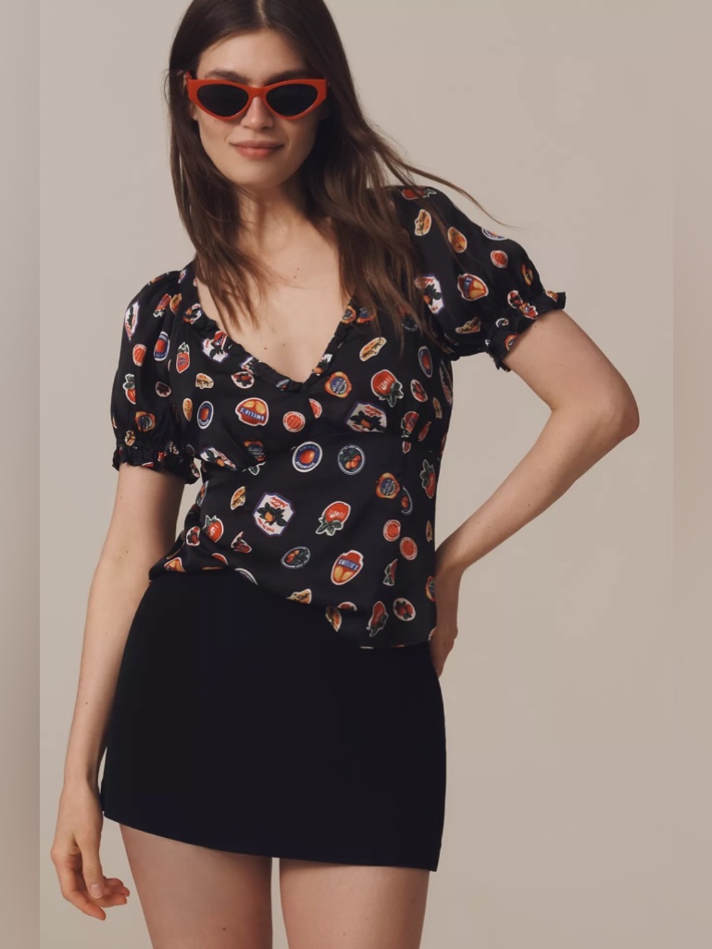 Anthro Maeve Puff Sleeve Popover Blouse in Novelty Fruit Sticker Print size XL